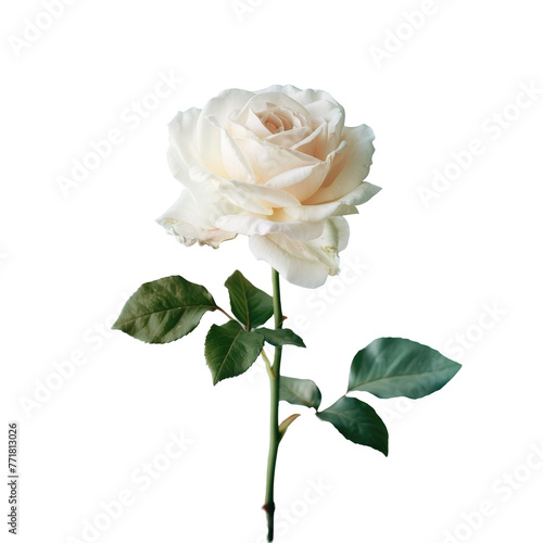 Hybrid tea rose single white flower with green leaves on transparent background