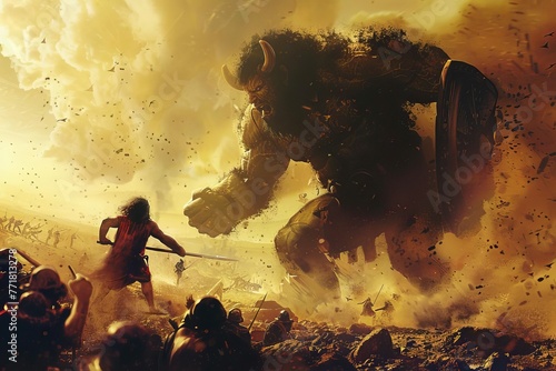 Dramatic biblical illustration of David's epic battle against the giant Goliath, powerful concept art