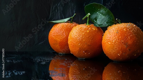 A closeup image of three ripe and juicy tangerines with green leaves on a black background. The tangerines are perfectly aligned next to each other. The image is well-lit, and the colors are vibrant.