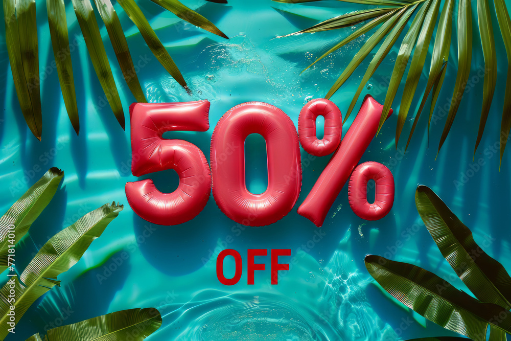 Summer sale 50 percent discount. Overhead view of a swimming pool with inflatable pool floats - obrazy, fototapety, plakaty 