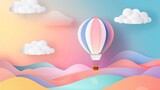 The paper art style of the hot air balloon with a pastel sky background is a modern illustration