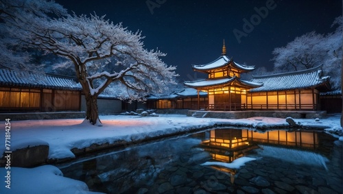 Ancient asian temple nestled in a serene snow covered landscape under the dark night sky