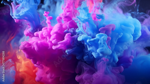 Clubs of multicolored neon smoke, ink. An explosion, a burst of holi paint. Abstract psychedelic pastel light background. 3D rendering.