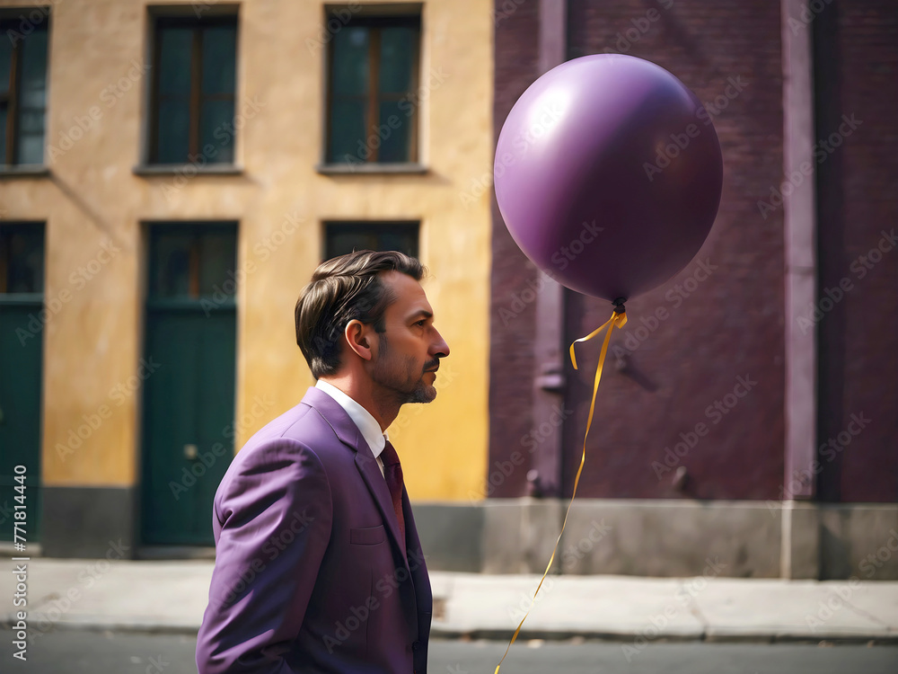 Handsome stylish Man in purple suit holding blank purple balloon mock up and walking down the street, fashion concept