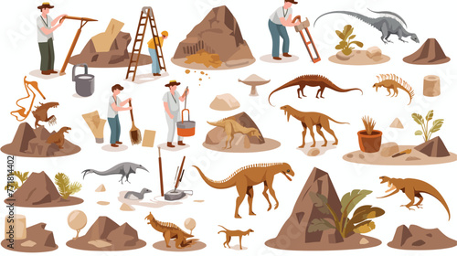 Cartoon flat icons set with tools for archaeologica