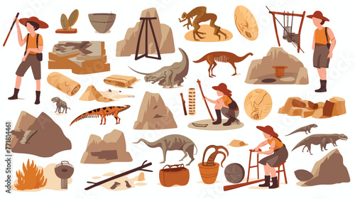 Cartoon flat icons set with tools for archaeologica