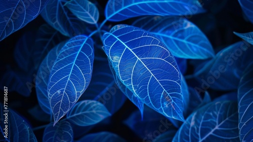 Detailed blue leaves with luminous veins for nature-inspired design. Close-up of intricate leaf vein patterns against dark backdrop