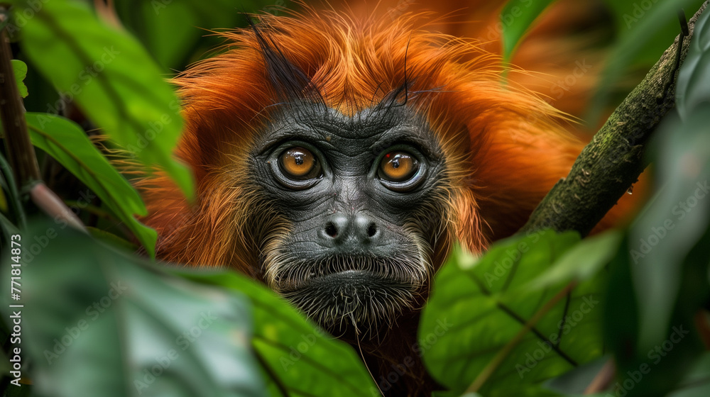 Monkey poking her head through the leaves of jungle forest. Monkey poking her head through the leaves of jungle forest.