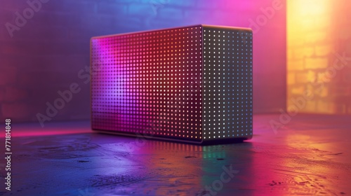 Luminous LED cube speaker with colorful mesh in dark room. Vibrant sound device with LED illumination in atmospheric setting. photo
