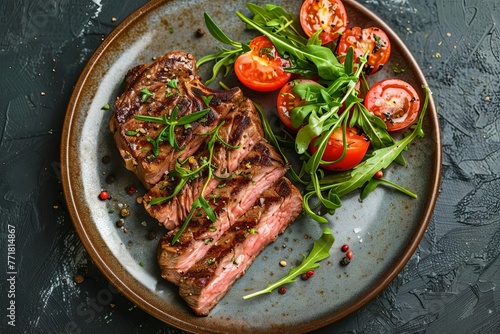 Delicious New York Strip steak served on plate, mouthwatering food photography