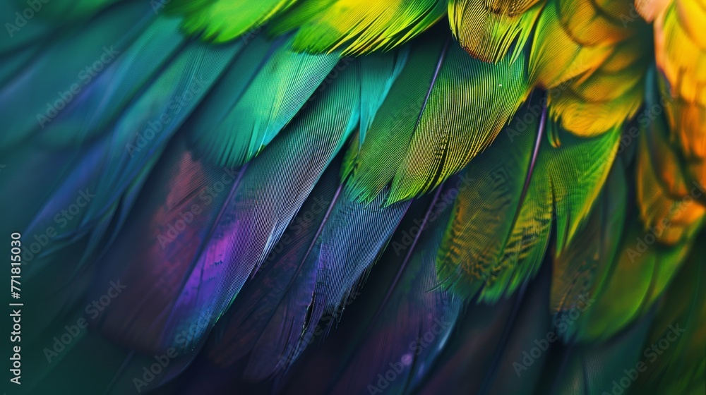 Obraz premium Vibrant bird feathers close-up in green, purple, and yellow. Textured detail of colorful feathers displaying nature's palette.