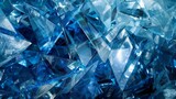 Translucent blue crystals with sharp edges and reflections. Artistic close-up of blue crystal shards in high detail