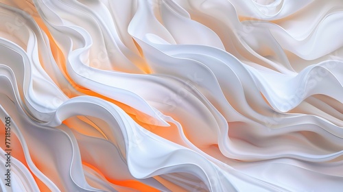 Swirling satin fabric abstract in white and orange for dynamic texture. Colorful satin waves in a soft dance of white and orange hues.