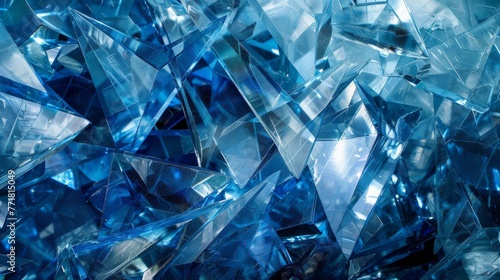 Translucent blue crystals with sharp edges and reflections. Artistic close-up of blue crystal shards in high detail