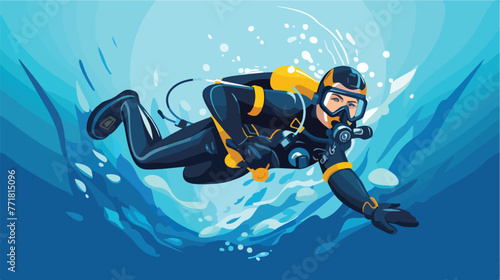 Cartoon man character engaged in scuba diving in se