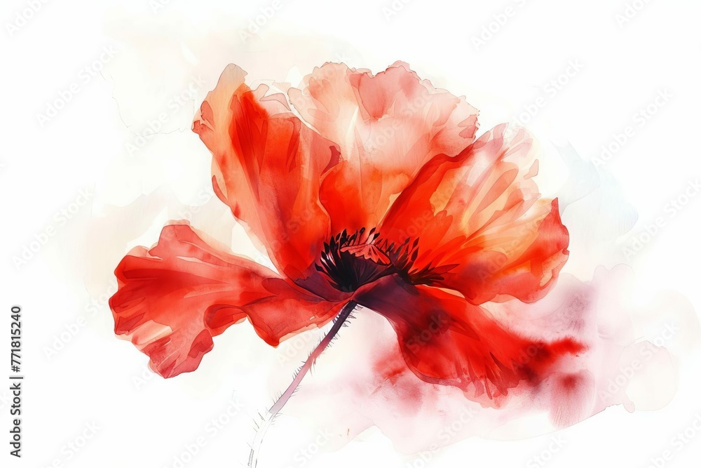 Delicate red poppy flower closeup, Papaver rhoeas, isolated on white, watercolor painting - obrazy, fototapety, plakaty 