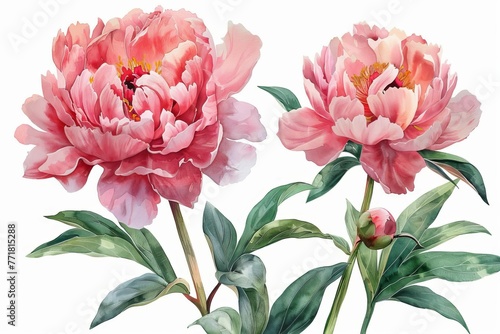 Delicate pink peony flowers in full bloom  watercolor painting set