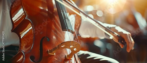 A man plays the cello at a symphony concert, close-up of his hand. photo