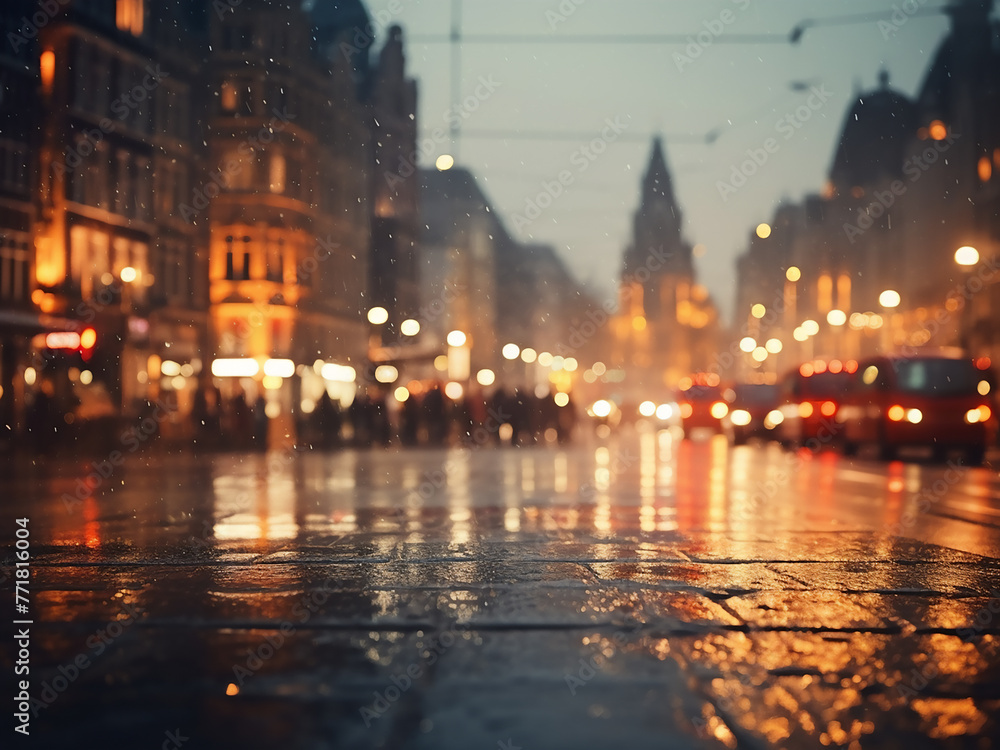 Fototapeta premium Night cityscape with abstract bokeh lights in the background