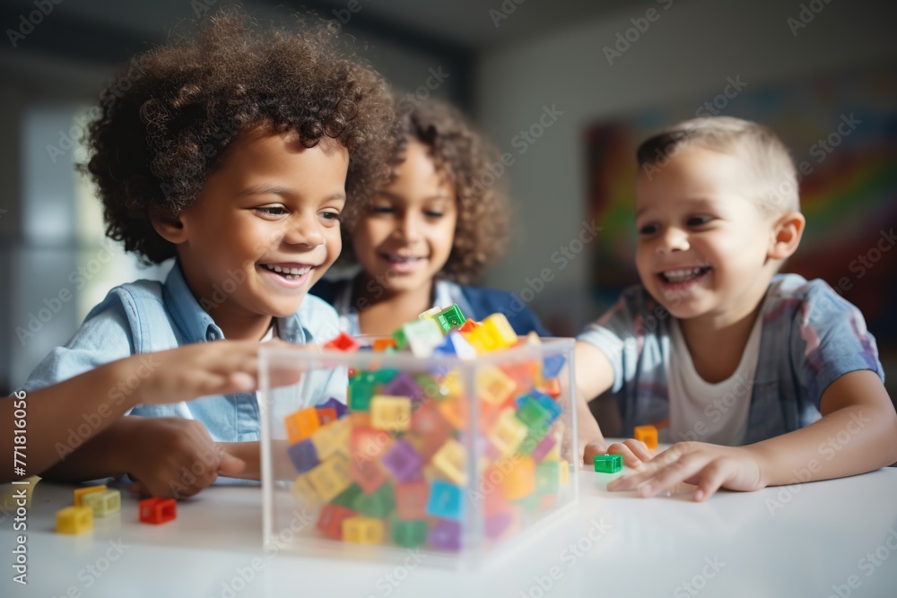 A group of diversity children are playing together with cubes. A group of diversity children are playing together with cubes.