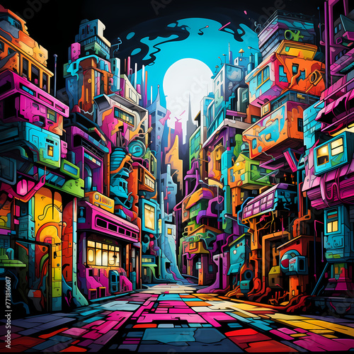 A cityscape where buildings are covered in vibrant murals