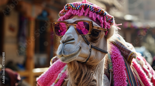 White camel with pink glasses and hat in tourist rich destination.