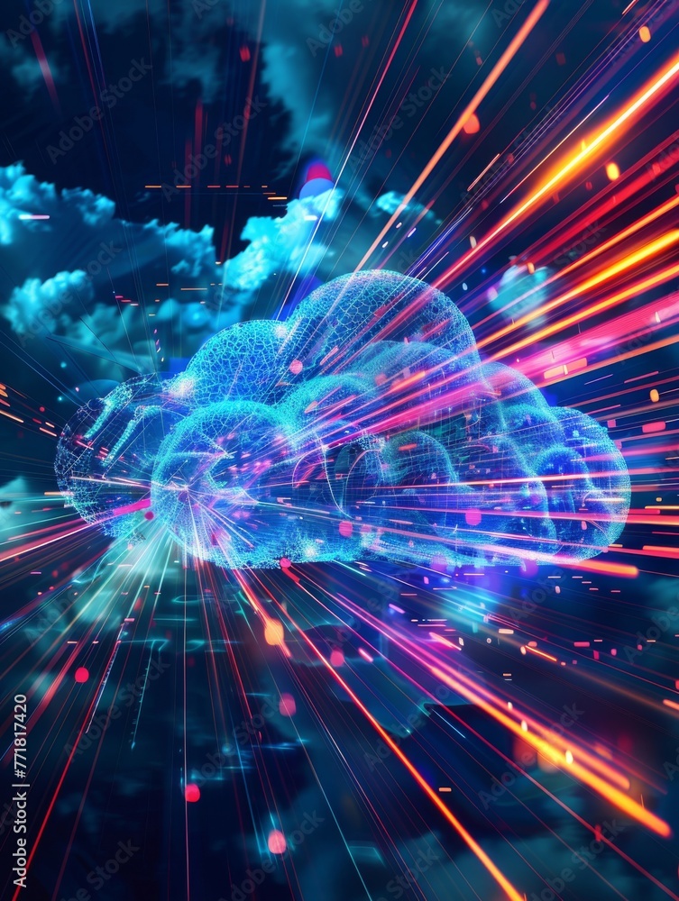 Cloud computing concept background. Digital data processing in the virtual cloud abstract background. Glowing digital cloud with pixels, lines, connectivity, and data flow in the virtual world.