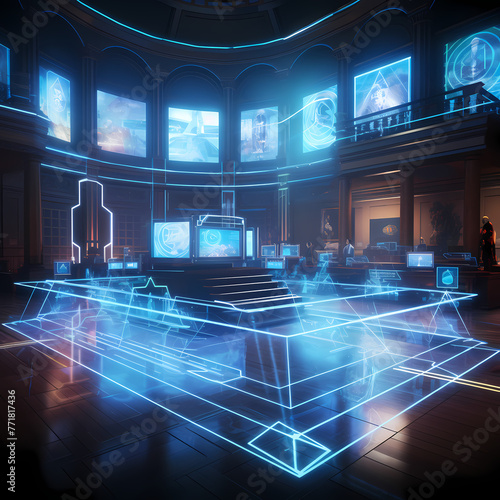 A futuristic courtroom with holographic evidence displayed
