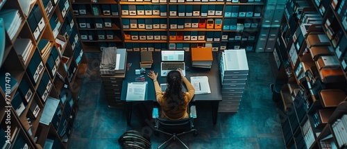 An organized archive with ring binders and a woman using a laptop to search for files, top view photo