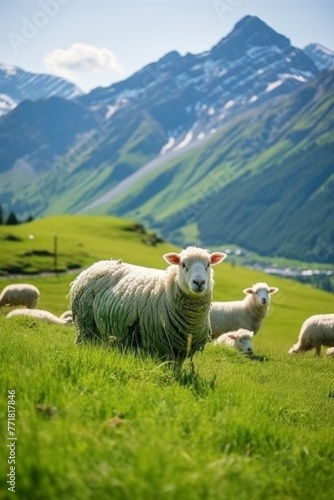 Sheep graze on a pasture against the backdrop of mountains Generative AI