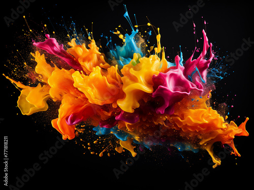 Artistic design captures abstract colored paint splashes on black. © Llama-World-studio