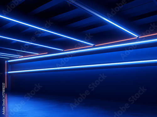 Dark blue background features contemporary architecture with neon lighting. © Llama-World-studio
