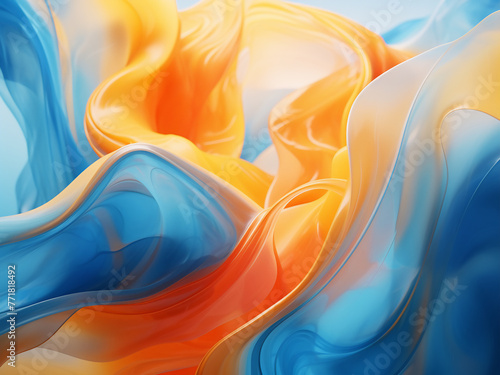 Blue and orange oil paint blend together in an abstract piece.