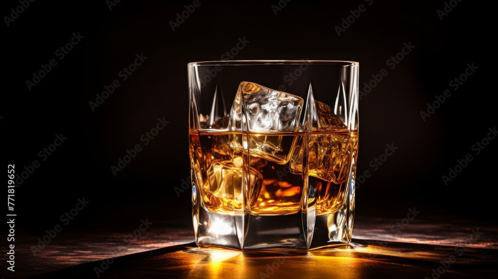 Whiskey glass with ice cubes on dark background, perfect for advertising. Amber-colored whiskey or bourbon in an old fashioned glass with ice cubes on a dark background. Isolated on black. Whiskey glass with ice cubes on dark background, perfect for advertising. Amber-colored whiskey or bourbon in an old fashioned glass with ice cubes on a dark background. Isolated on black.