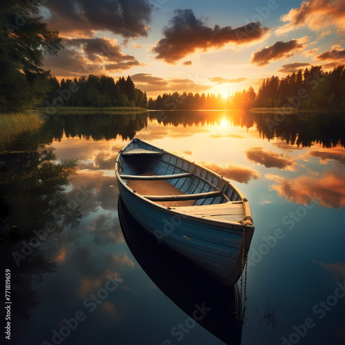 A serene lake with a lone boat at sunset.