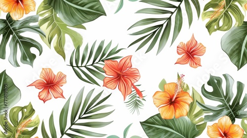 On a white background, a tropical seamless pattern can be seen.