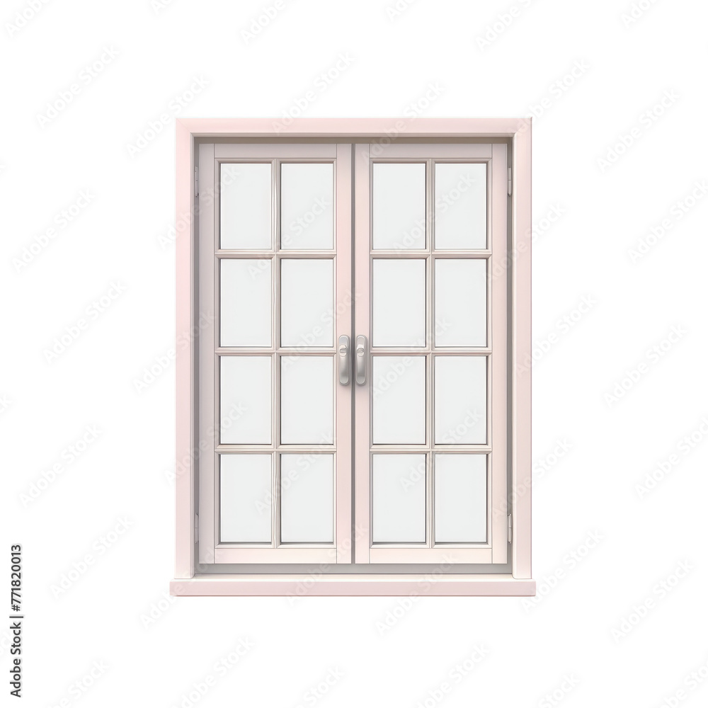 Pink rectangle window with white wood frame on transparent building facade Pink rectangle window with white wood frame on transparent building facade