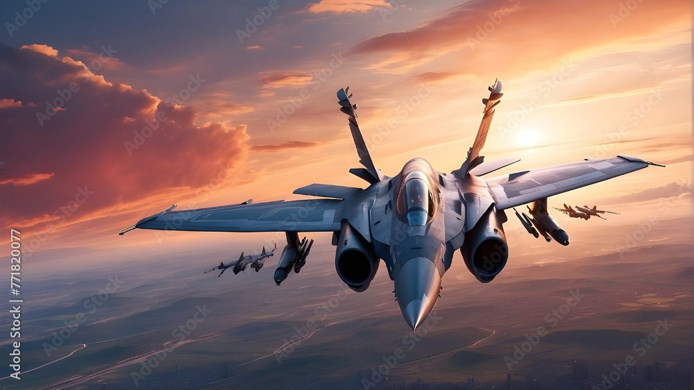 "Digital illustration depicting an F16 jet fighter soaring through the sky at sunset, with a sense of speed conveyed through dynamic lines and vibrant colors. The cities below are stylized with a mix  - obrazy, fototapety, plakaty 