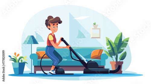 Cheerful teen girl cleaning carpet with vacuum clea photo