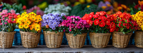 Colourful fresh flowers in woven basket on sale in flower market. Assortment of fresh spring flowers in in store of shop. Showcase. Floral shop and delivery concept