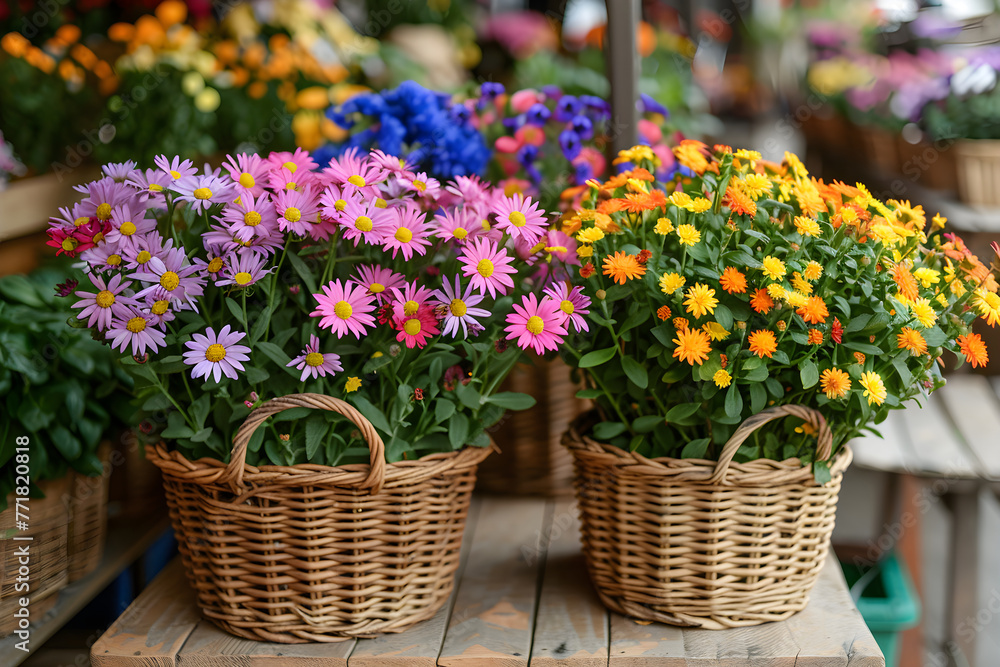 Colourful fresh flowers in woven basket on sale in flower market. Assortment of fresh spring flowers in in store of shop. Showcase. Floral shop and delivery concept Colourful fresh flowers in woven basket on sale in flower market. Assortment of fresh spring flowers in in store of shop. Showcase. Floral shop and delivery concept