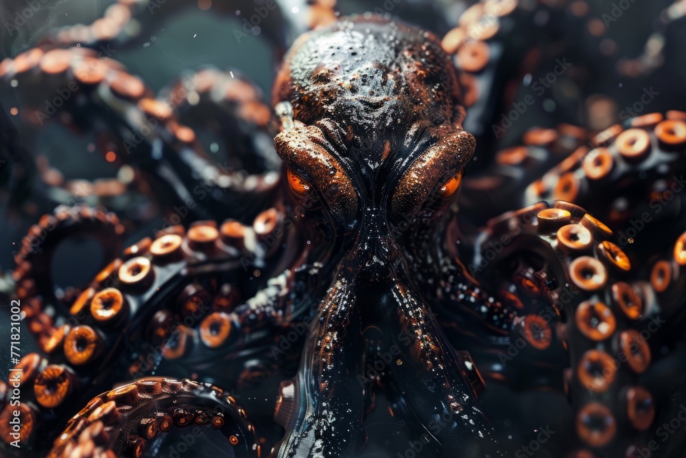 Fototapeta premium close up of an octopus statue isolated on black background