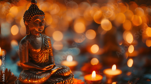 A tranquil scene with a Buddha statue surrounded by glowing candles. Happy Vesak Day Concept photo