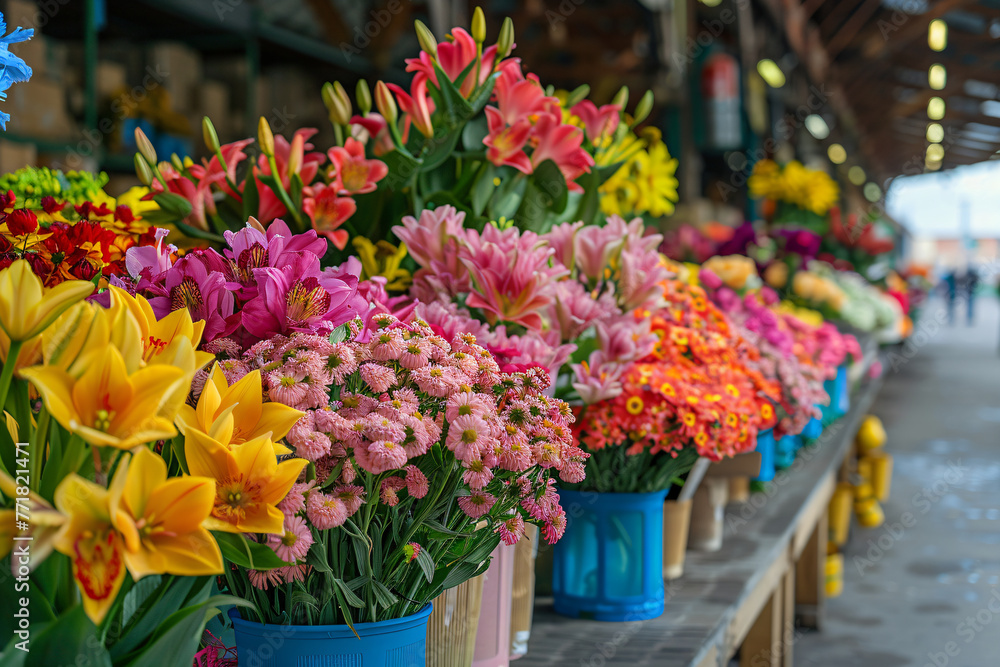 Colourful different fresh flowers on sale in flower market. Assortment of fresh spring flowers in in store of shop. Showcase. Floral shop and delivery concept