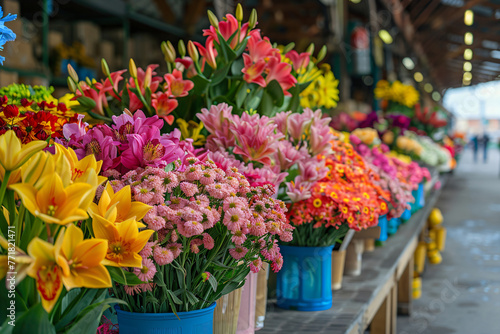 Colourful different fresh flowers on sale in flower market. Assortment of fresh spring flowers in in store of shop. Showcase. Floral shop and delivery concept