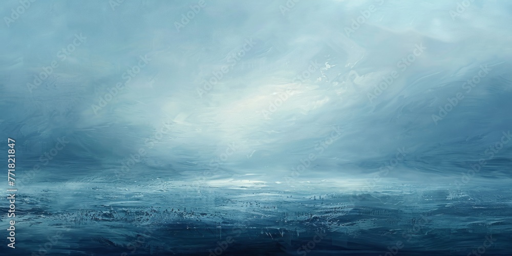 Obraz premium Soothing painting capturing a serene blue ocean with the sun setting in the distant horizon, evoking a sense of tranquility and warmth in the tranquil seascape.