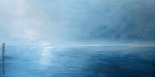 A painting of a blue ocean with a sun setting in the background