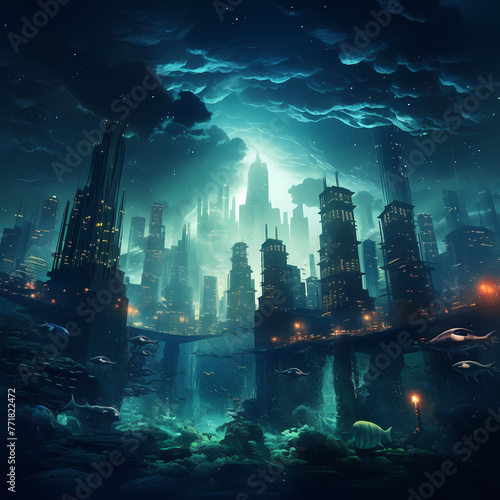 Underwater city skyline at night. 