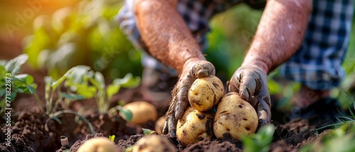 In the field, a farmer displays his organic potato harvest