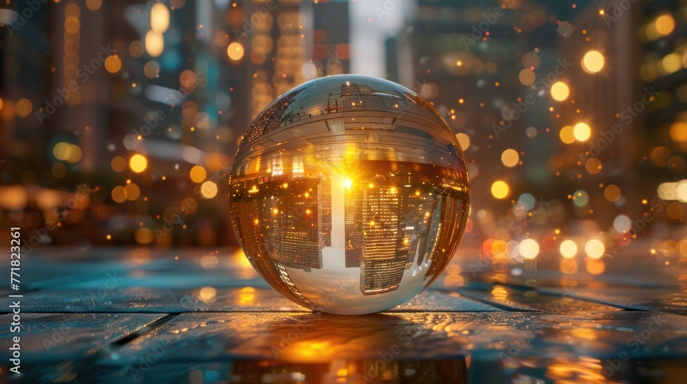 A future cityscape view through a golden color transparent glass globe sphere on the floor with architectural town background at the back drop and blurred bright lights dots A future cityscape view through a golden color transparent glass globe sphere on the floor with architectural town background at the back drop and blurred bright lights dots